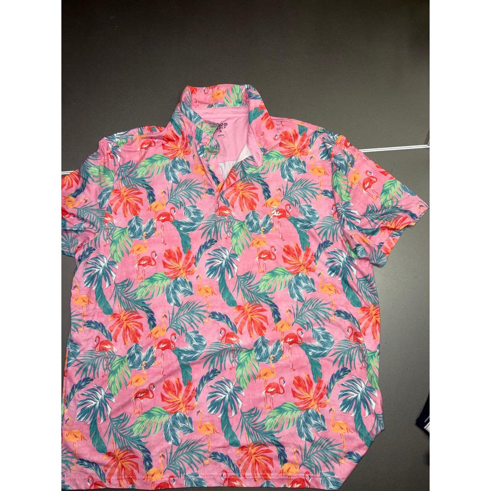 Izod Golf Mens XL Polo Shirt Pink Flamingo Tropical Palm Leaf Performance